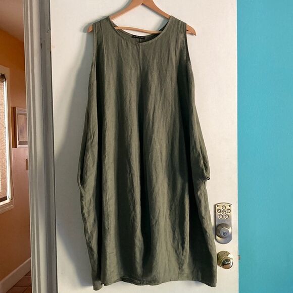 Oversized Olive Green 100% Linen Dress Avant Garde Like Rundholz "One Size" - Picture 5 of 11